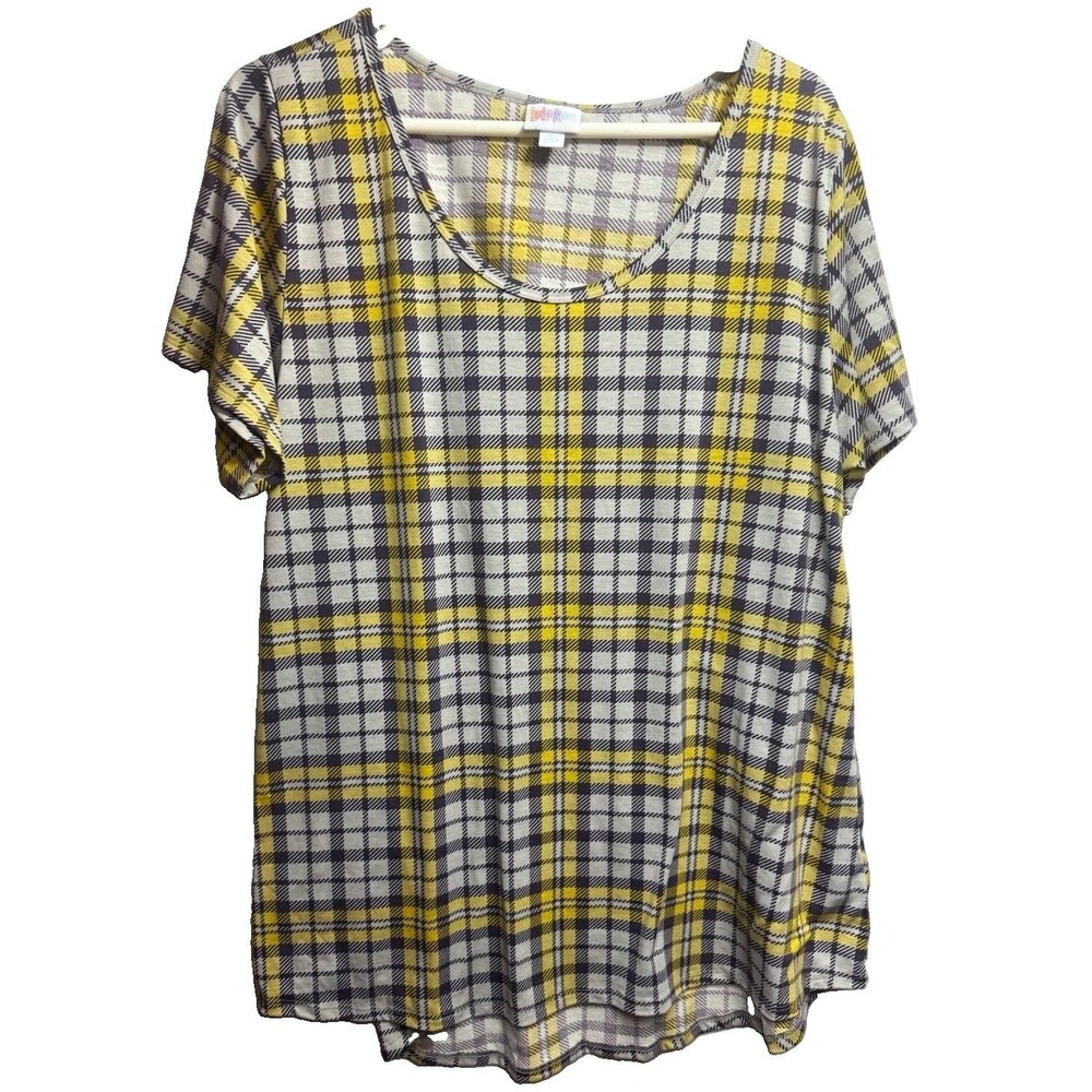LuLaRoe Women’s 2XL Gray Yellow White Plaid Scoop Neck Short Sleeve Knit Tee